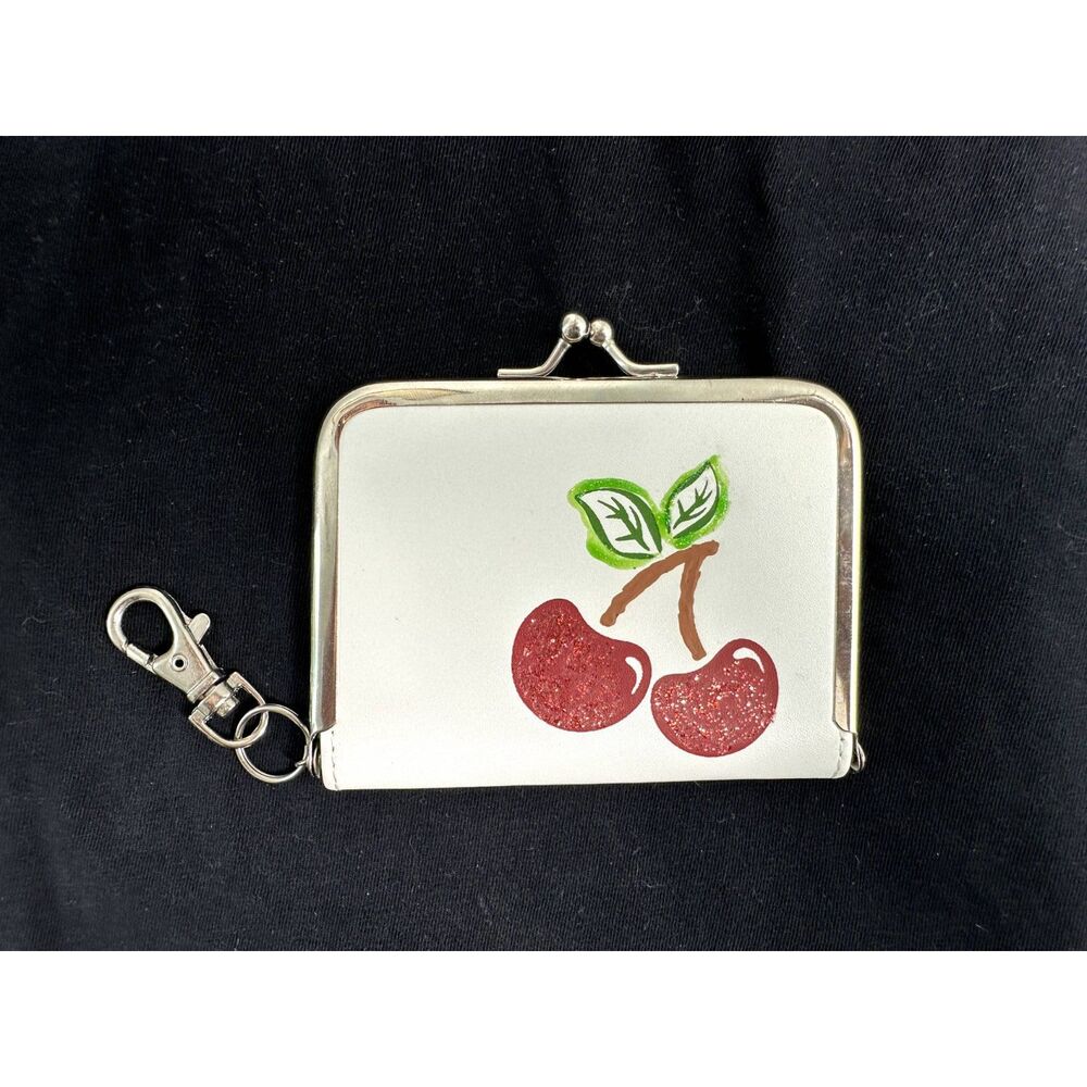 Vintage Y2k 2000s Hand Painted Cherry Card Wallet Photo Picture Insert Keychain